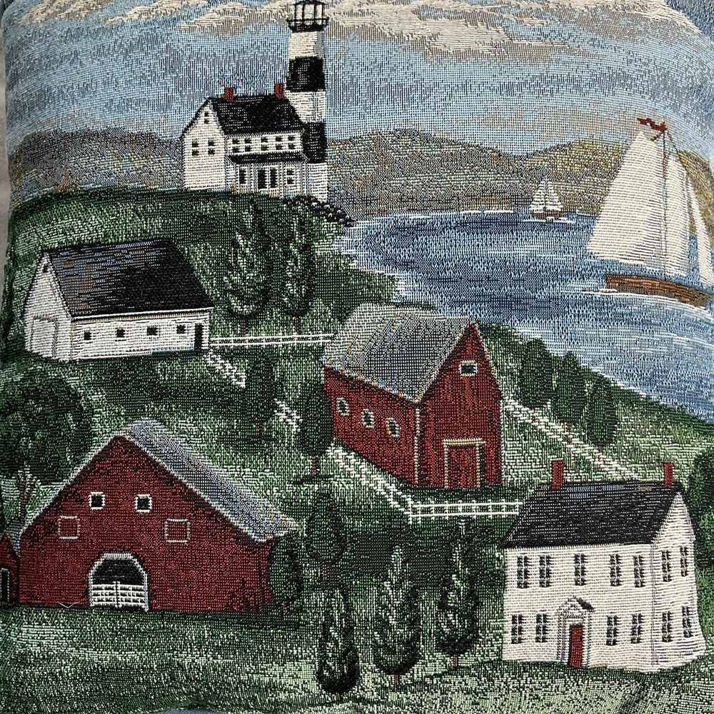 VTG Nautical Sailboat Lighthouse Pillow Coastal Blue 17" × 17" Beach Tapestry - Picture 6 of 7